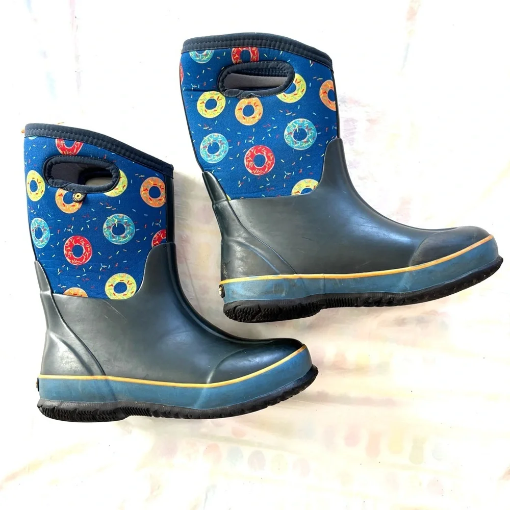Bogs Blue Multi Donut Waterproof Boots Blue Pink Yellow SZ 4 Youth Good Cond